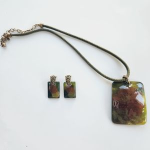 Green Enamel/Resin Floral Necklace and Earrings